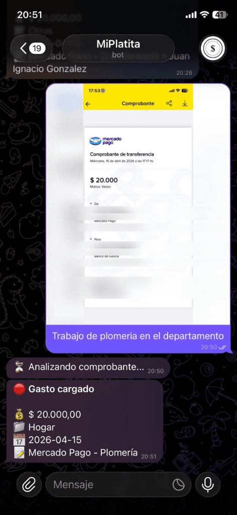 Bot de MiPlatita procesando un comprobante de Mercado Pago en Telegram