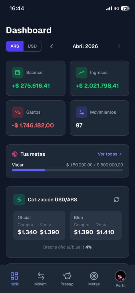 Dashboard con balance, ingresos y gastos
