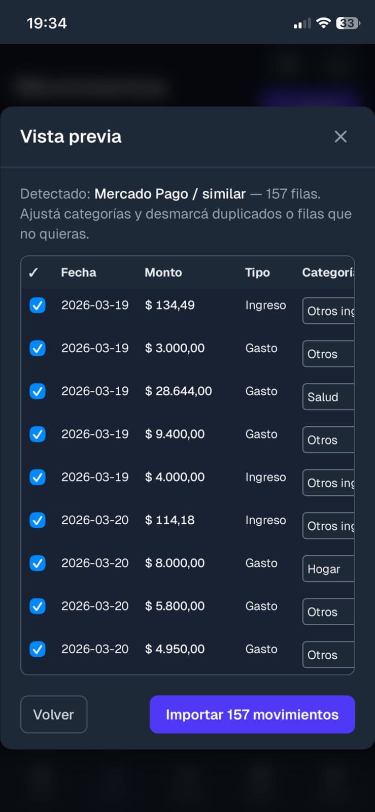 Vista previa al importar movimientos desde CSV de Mercado Pago