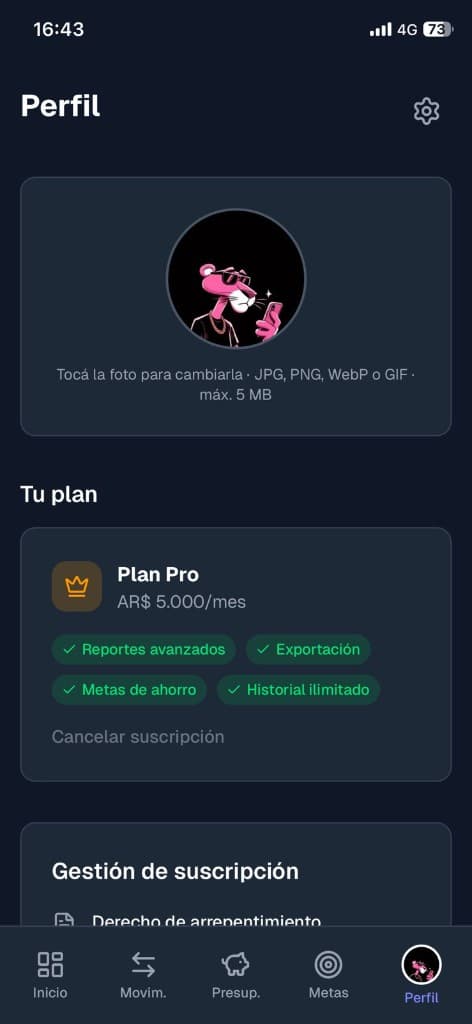 Perfil con plan Pro y funciones incluidas