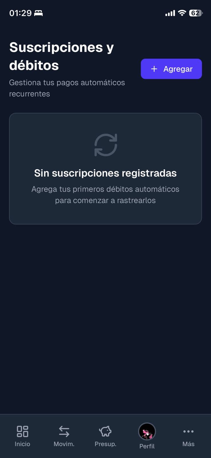 Vista de suscripciones y débitos automáticos en MiPlatita